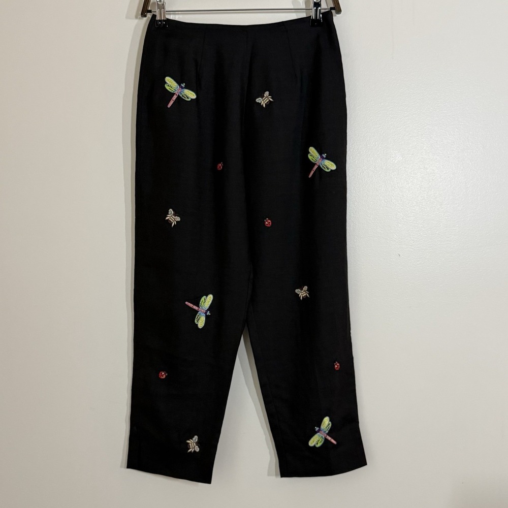 CJ Laing‎ Dragonfly Embroidered Capri Pants Linen Black Novelty Size 2 Coastal